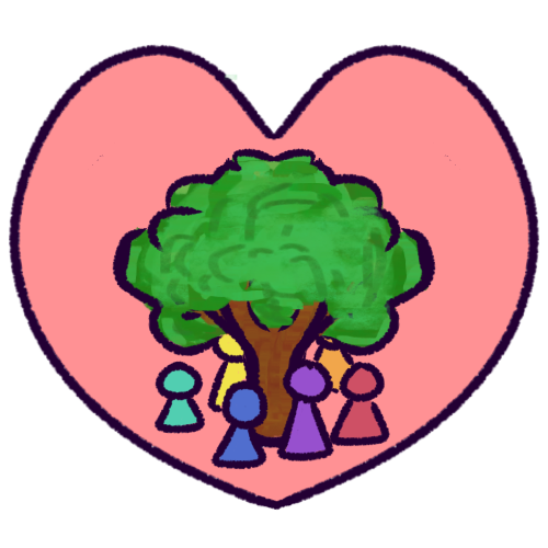 A drawing of several people gathered under a tree, inside a pink heart. The people are simplified into differently colored pawn-like shapes.